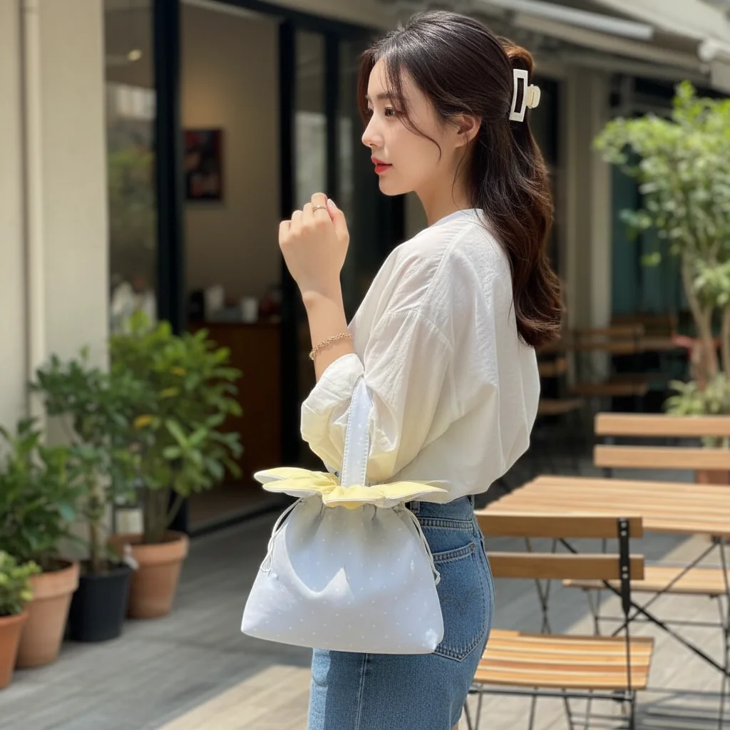 

Korean Style Flower Drawstring Crossbody Bag Plaid Canvas Bundle Pocket Handbag Cute Lightweight Portable Shoulder Bag