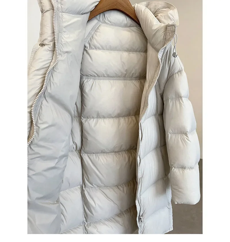 Piumini Parker da donna in piumino d'anatra bianco con cerniera femminile Capispalla caldi e spessi Piumino invernale di media lunghezza con cappuccio opaco solido