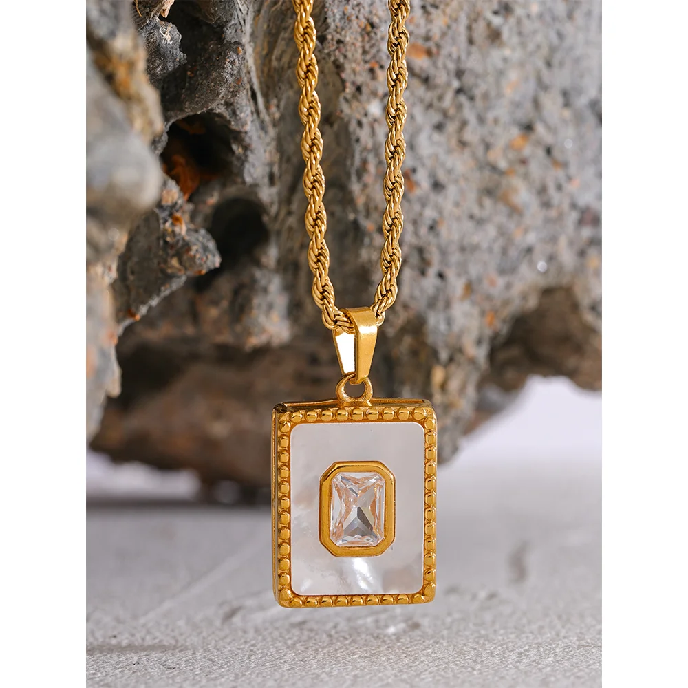 Yhpup Luxury Natural Shell Zircon Square Pendant Necklace Stainless Steel High-Grade Trendy Neck Jewelry Women Gift Bijoux