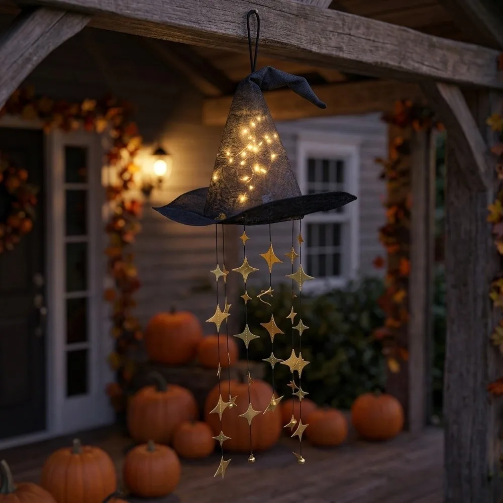 Witch Hat Chime with Light Up LED Effect and Gentle Star Swing for Halloween Indoor Decor 48cm Hat 70cm Total Witch
