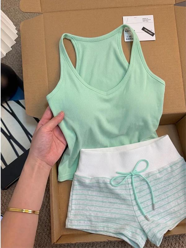 Summer Slim Fit Mint Green Striped Sleepwear Set with Chest Pad Women's Home Clothes Short Sleeve Vest And Shorts Casual Style