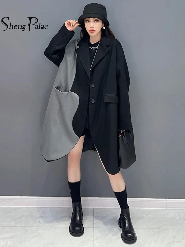 SHENGPALAE Temperament Medium-length Blazers For Women Winter 2024 New Contrast Color Patchwork Loose Casual Suit Jacket 5R8099