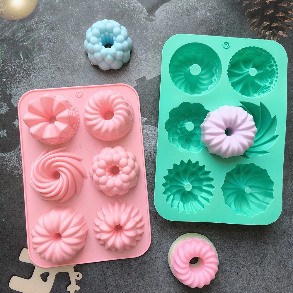 DIY Multicolor Silicone Donut Baking Mold 6 Cavity Flower Swirl Design Doughnut Cake Muffin Mousse Tray Oven Baking Tool