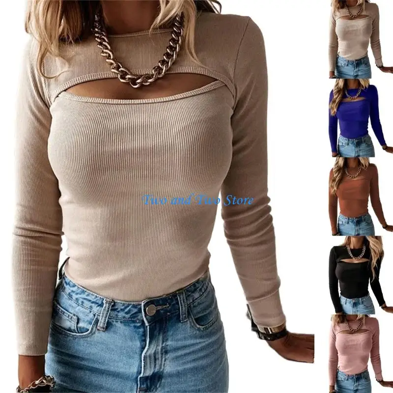 

HX6F Women's openwork sweater top, sexy long-sleeved round neck ribbed knit pullover, casual fit shirt