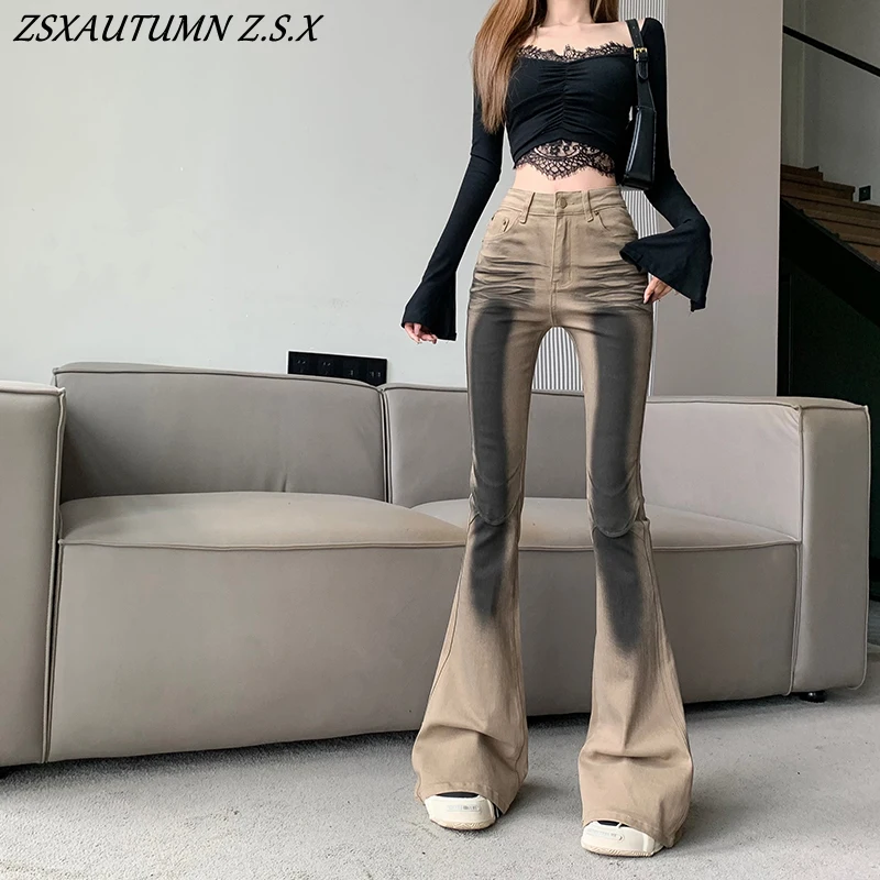 Women's Slim Streetwear Style Niche Art Inkjet Denim Trouser Vintage Harajuku Sheath High Waist Flared Jeans Female Y2K Pants