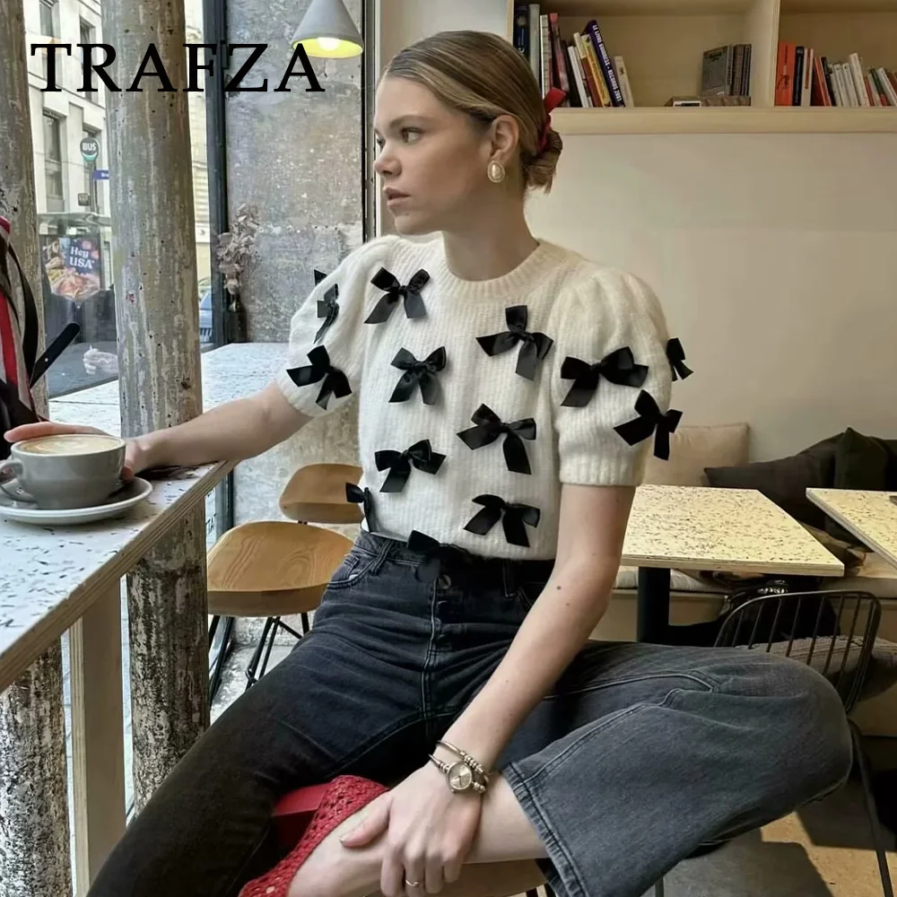 TRAFZA 2024 Wiosna Lato Casual Dzianinowe Swetry Damskie Moda Streetwear O Szyja Krótki Rękaw Kokarda Krawat Szykowne Swetry Damskie