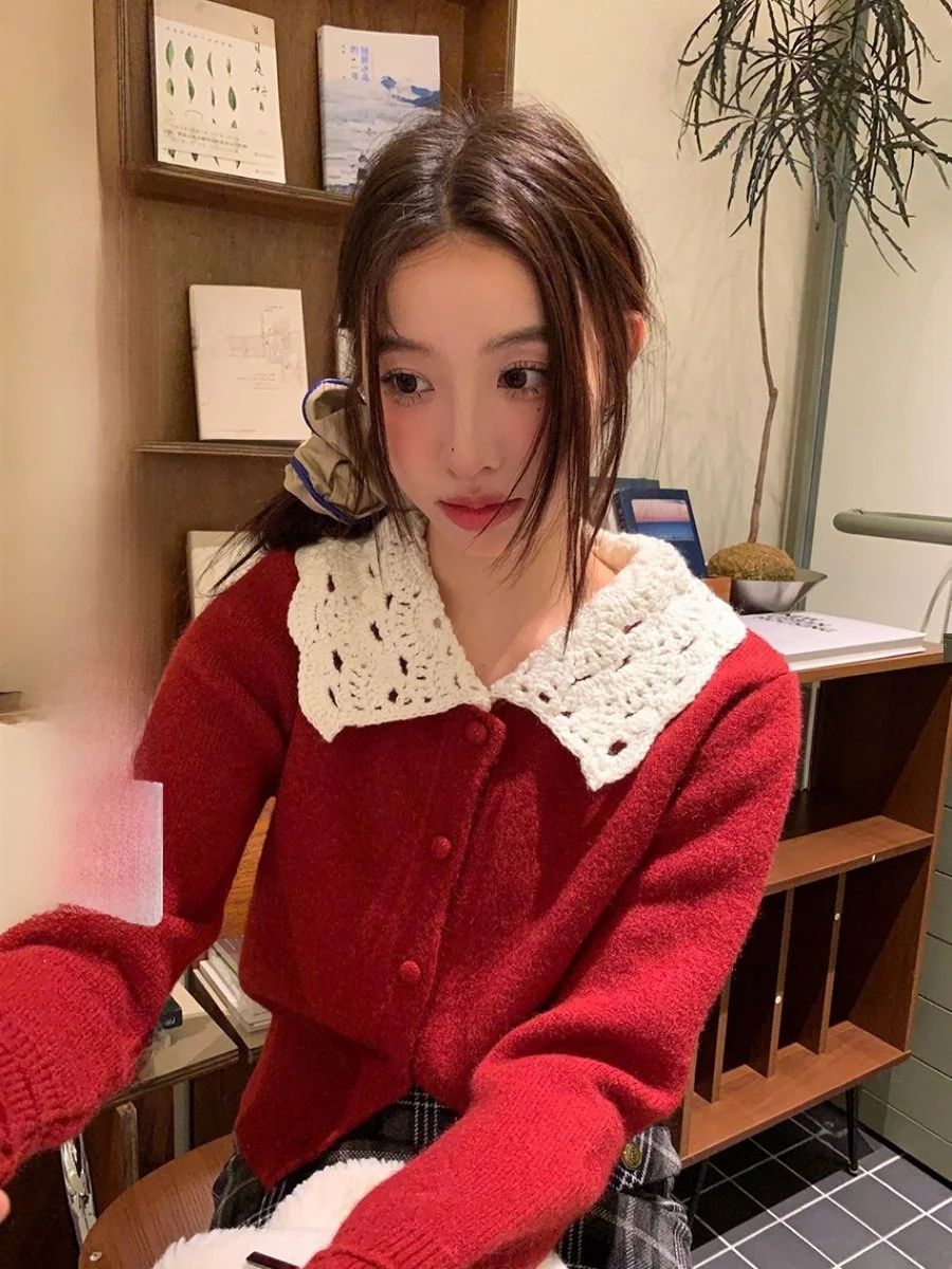 

Новогодний красный свитер с рюшами и воротником Fortune, женский осенне-зимний милый вязаный топ с кукольным воротником, кружевной длинный све