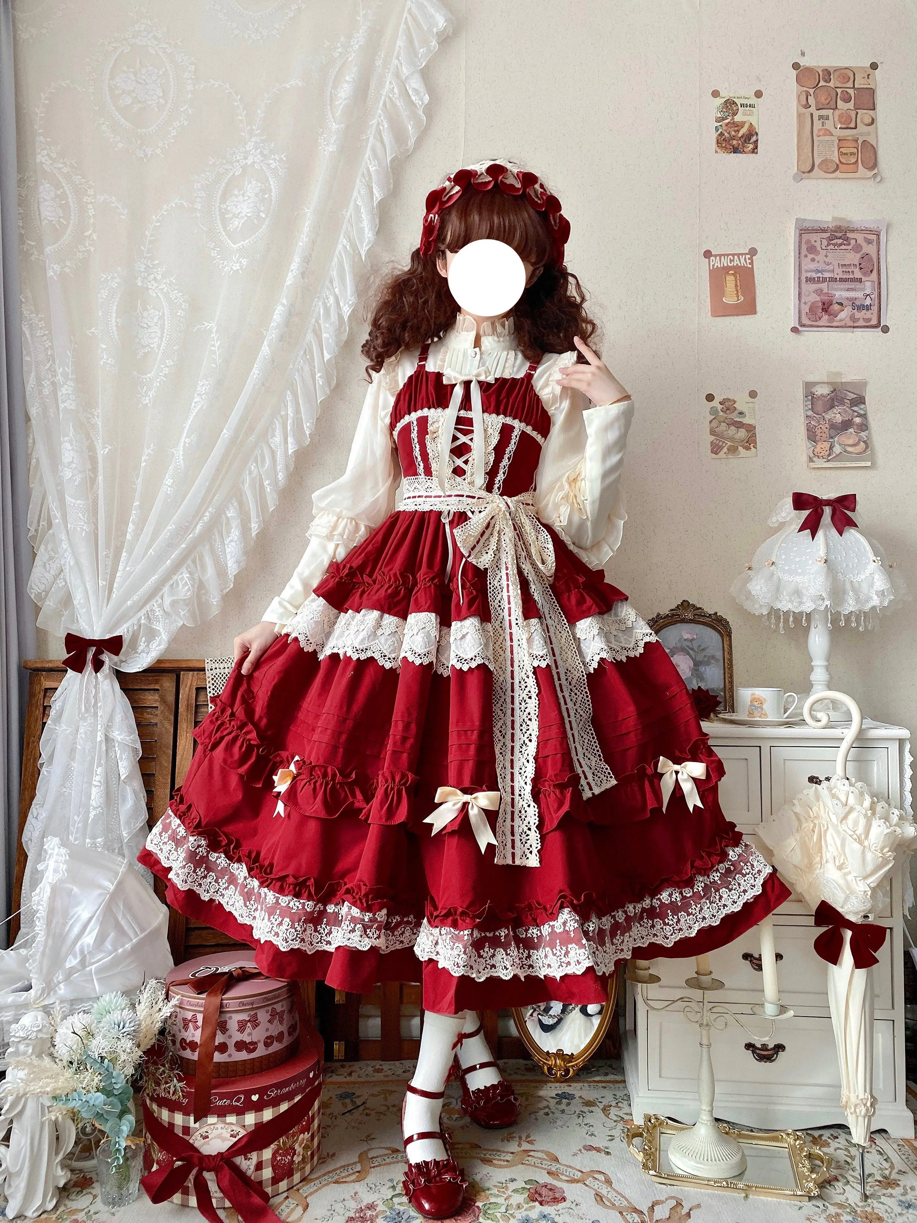 

Lily Pink Lolita Jsk Dress Women Vintage Ruffle Lace Layered Elegant Princess Dress Autumn Winter Casual Party Dress