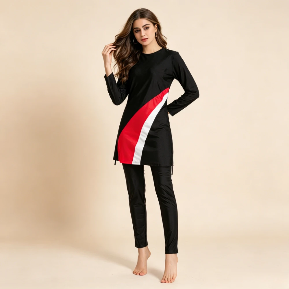 

Muslim Modest Swimsuit for Women 3-Pcs Burkini Full Coverage Long Sleeve Color Block Swimwear, Islamic Conservative Bathing Suit