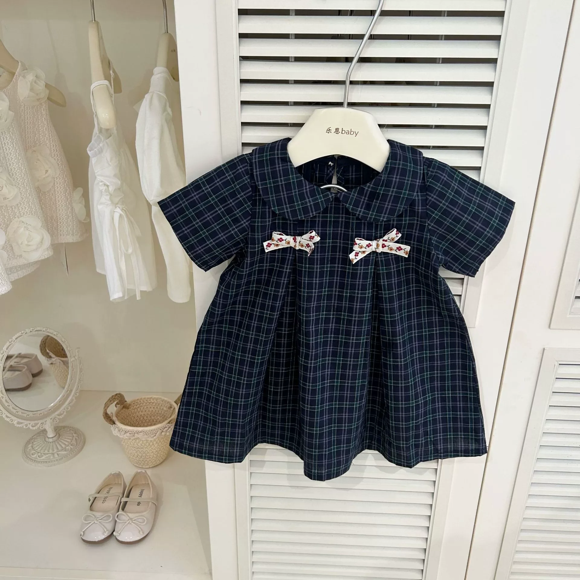 Summer Girls' Plaid Dress Korean Style Doll Collar Dress Baby Fashionable Princess Plaid Dress Short-Sleeved Summer Dress