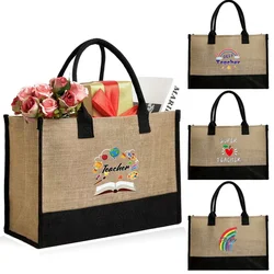 Bolso de compras de yute para mujer, bolsas de playa de verano, bolsa de almacenamiento de gran capacidad con estampado para profesores, bolsos informales para niñas