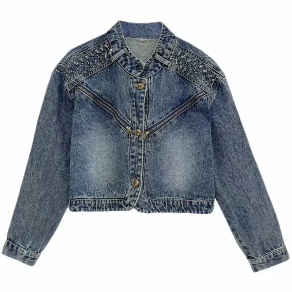 New Fashion Street Jean Jackets For Women 2023 Designer Stylish Denim Coat Women\'s Diamonds Beaded Zipper Patchwork Short Jacket