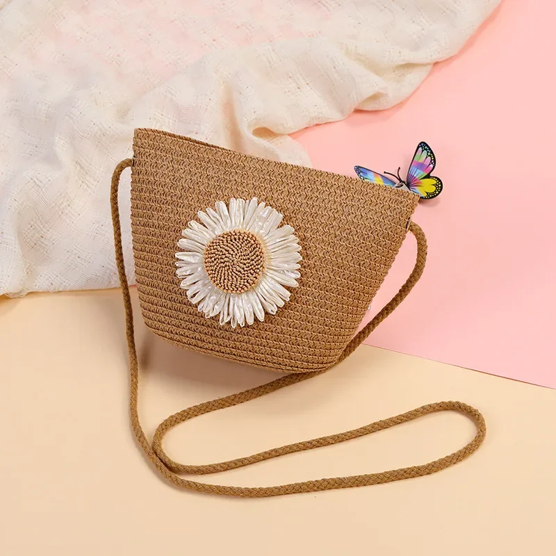 سستة زهرة القش حقيبة محفظة نسائية للعملات المعدنية لطيف حقيبة ساع سلة التخزين اليدوية المنسوجة المرأة حقيبة كروسبودي حقيبة يد #4