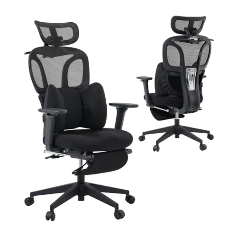 Office chair for ergonomic support, mesh back, black, high-back design with footrest and 300 lbs capacity