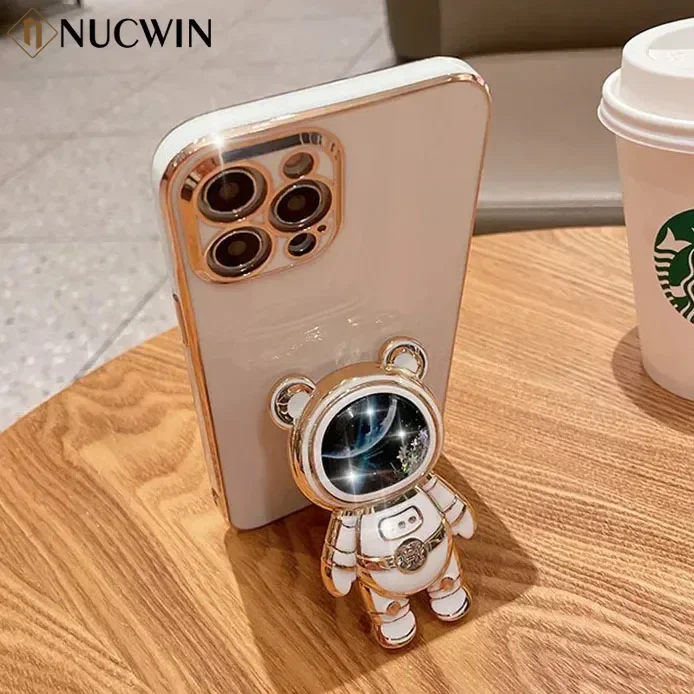 3D Quicksand Bear Bracket Plating Case For iPhone 16 15 14 12 13 11 Pro Max 7 8 16Plus X Xr Xs Max Mini Glitter Fold Stand Cover