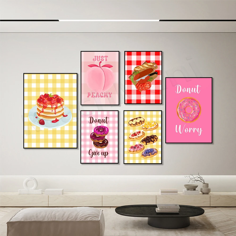 Aesthetic print, pink peach, cake, strawberry, avocado toast, salami fillet knife, donut, pancake, plaid image, kitchen poster