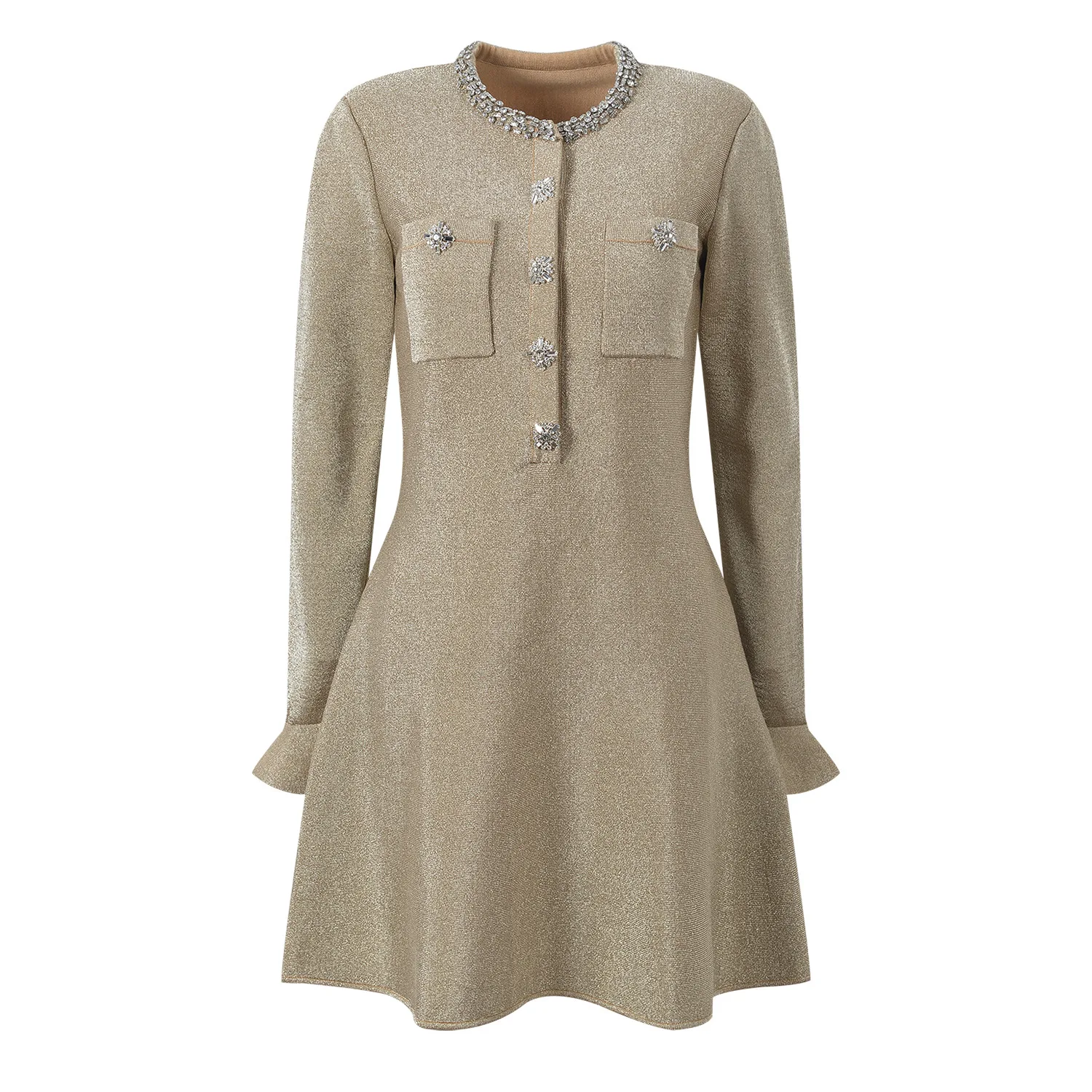 

Ele High-End Autumn Winter New Sle Collar Color Blo Knitted Dr Ele Ladylike A-Line Skirt Long Sve