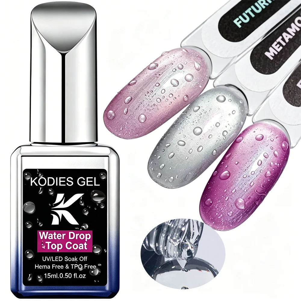KODIES GEL HEMA/TPO Free Water Drop Top Coat No Wipe Self Leveling Gel Topcoat 3D Effect Crystal Manicure Finish Semi Permanent