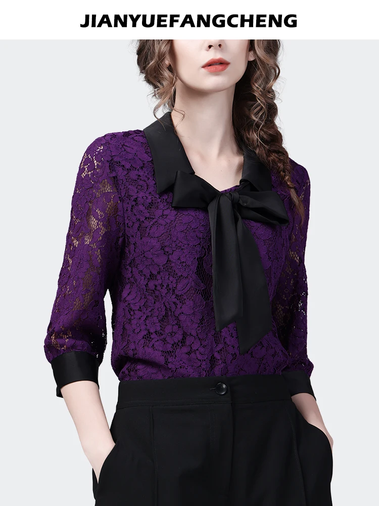 Fashion Square Neck Bow-knot Women Purple Lace Top Hollow Out Loose Casual Ladies 3/4 Sleeves Spring Summer Blouses