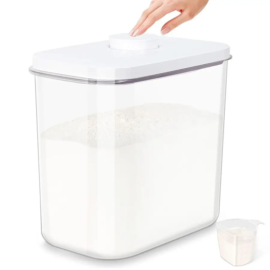 

Контейнер для риса 25 фунтов с ручкой и чашкой 12,68 квартов Большой контейнер для хранения муки и сахара с выдвижным уплотнением усилителя Подвесные крючки для крышек, Cl