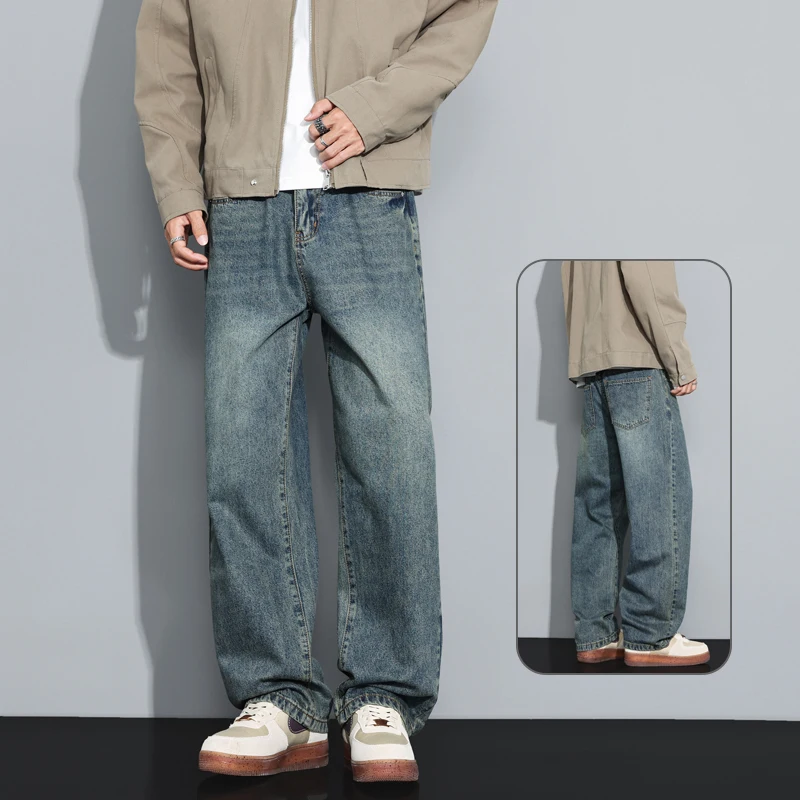 الرجال جينز غير رسمي الخريف جديد الكورية فضفاض بلون بنطلون مستقيم Vintage شخصية الذكور واسعة الساقين الدنيم السراويل