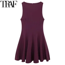 TRAF Female Dress Sleeveless Elegant Party Dresses Woman Pleated Halter Burgundy Casual Women's Dress Fitted Vest Short Dresses