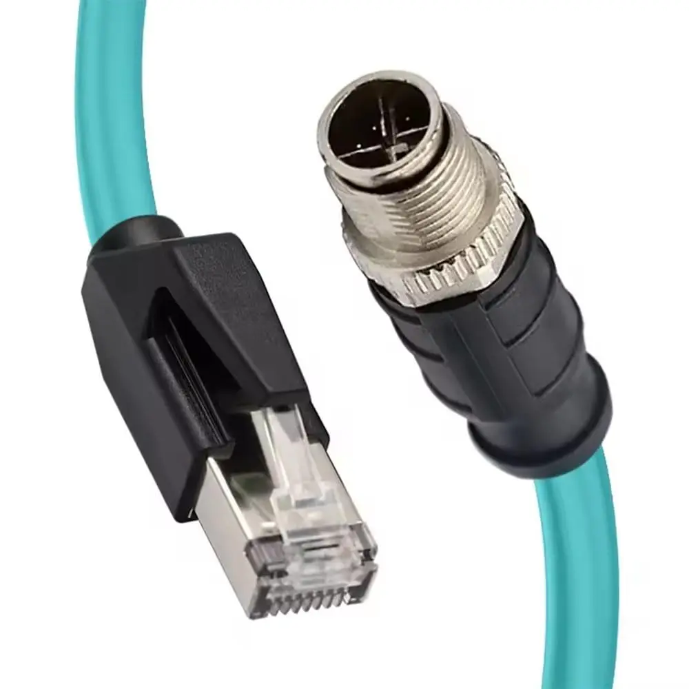 Industrial Ethernet Cable M12 X-Code 8 Pin Male to RJ45 Male Cat6 High Flex PVC Green 1m for Machine Vision Camera
