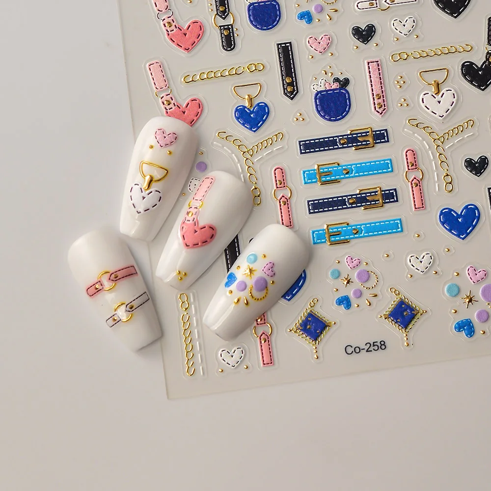 Bronzing Nail Sticker Personalized Gold Chain Heart Belt Mix Design Foil Self Adhesive Nail Decals Manicure Decoration CO-258