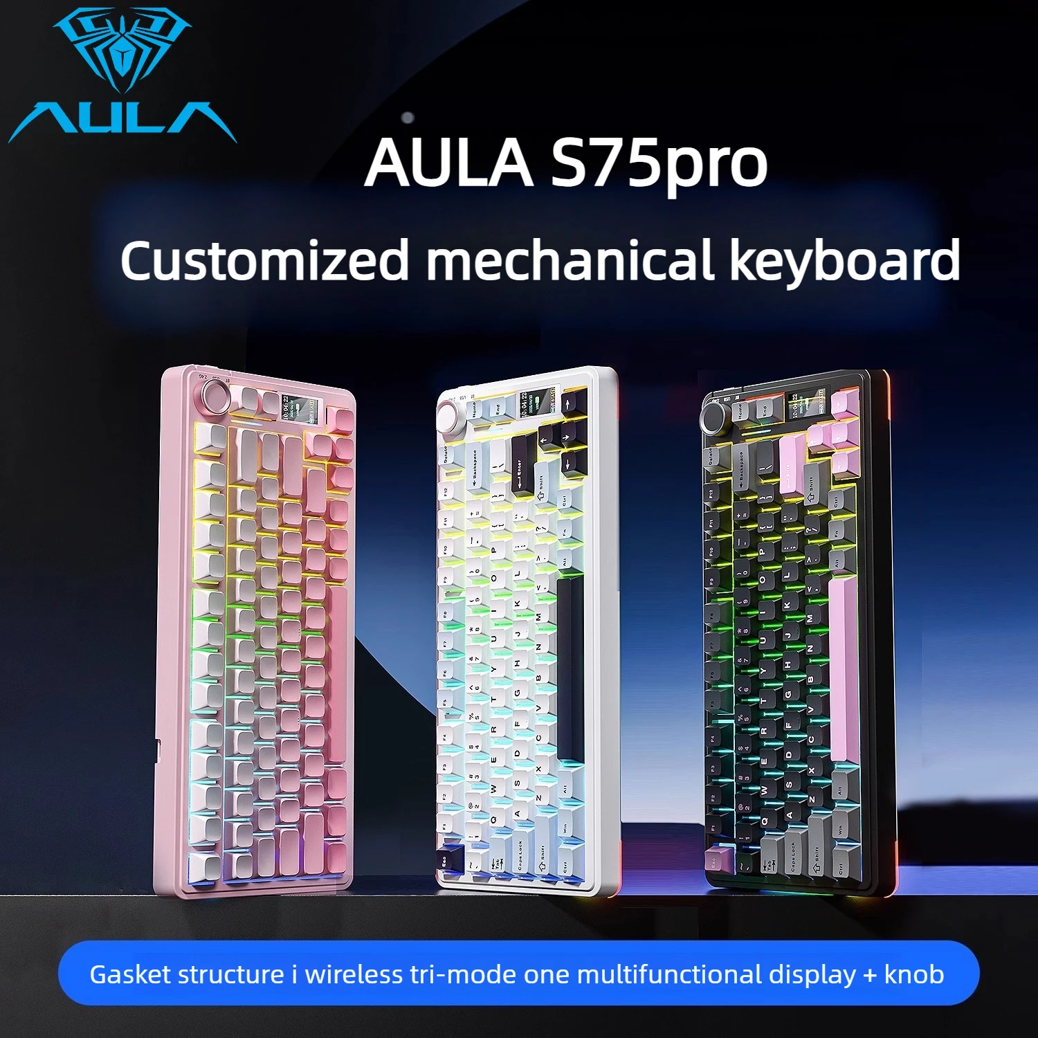 Teclado Gamer AULA S75pro Tri-mode Mecânico Sem Fio RGB Hot Swap com Keycaps PBT e Tela para Escritório e Esports