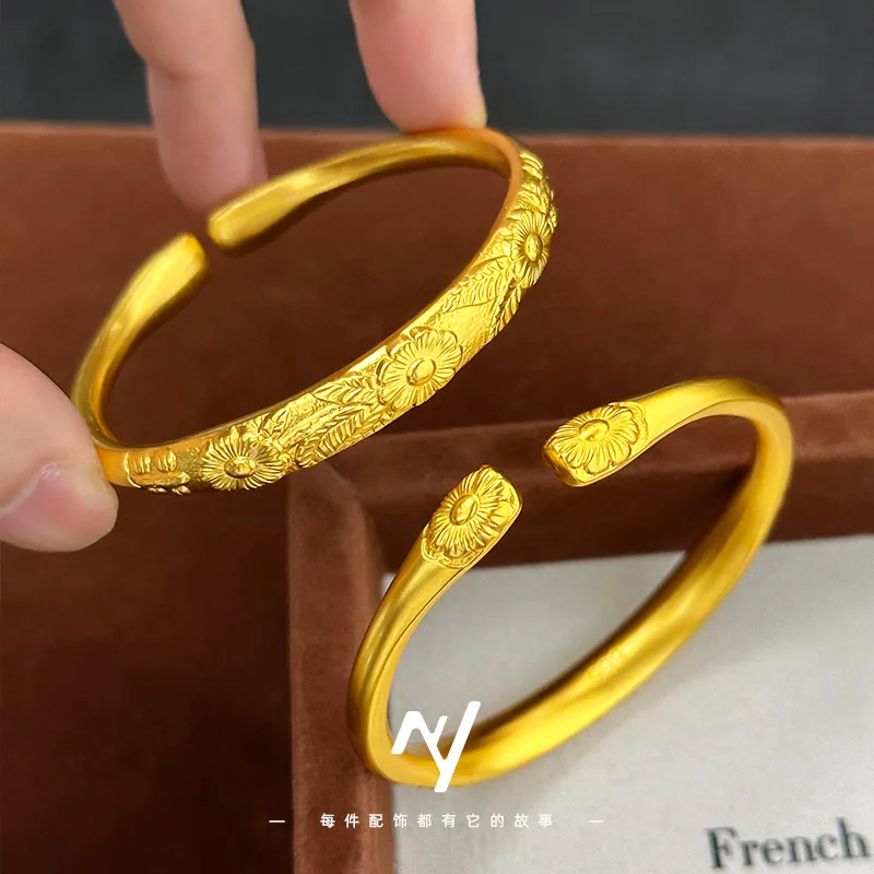 

Новый китайский дизайн, этнический стиль, 24-каратное настоящее золото, открытый браслет с цветущей пинellia, браслет 9999, открытый женский браслет