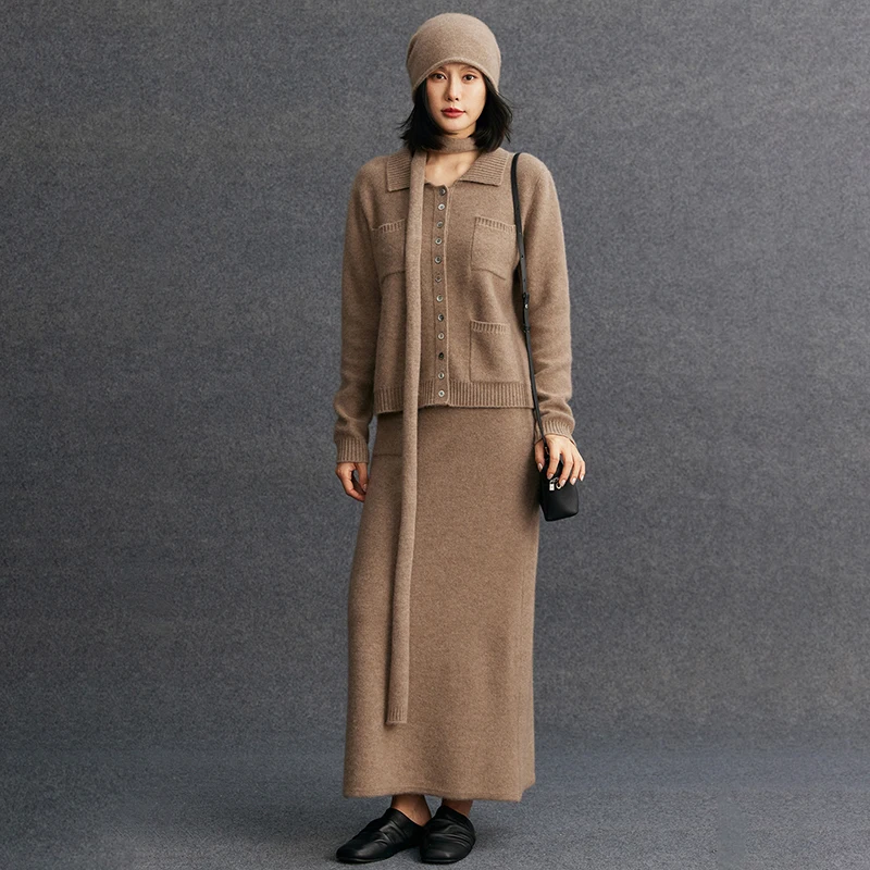

2025 Women 100%Cashmere Cardigan Knit Skirt Autumn Winter half-body Skirt soft warm fashion polo collar long-sleeved Sweater