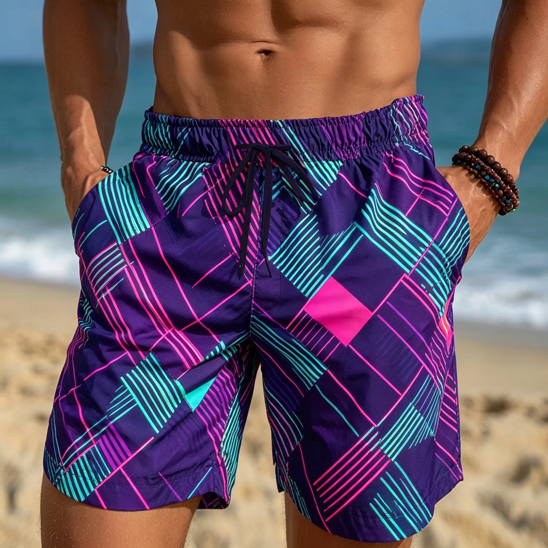 Men's Retro 80s Neon Geometric Line Print Drawstring Shorts, Casual Loose Swim Trunks for Spring Summer Beach Wear