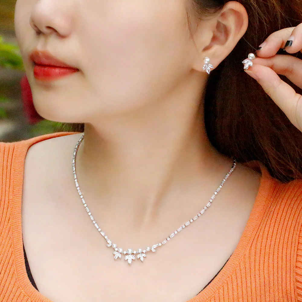 CWWZircons Schöne Blatt Tropfen Mehrfarbigen Kubische Zirkon Luxus Big Chunky Hochzeit Halskette Ohrring Braut Partei Schmuck Sets T636 – Detail 4