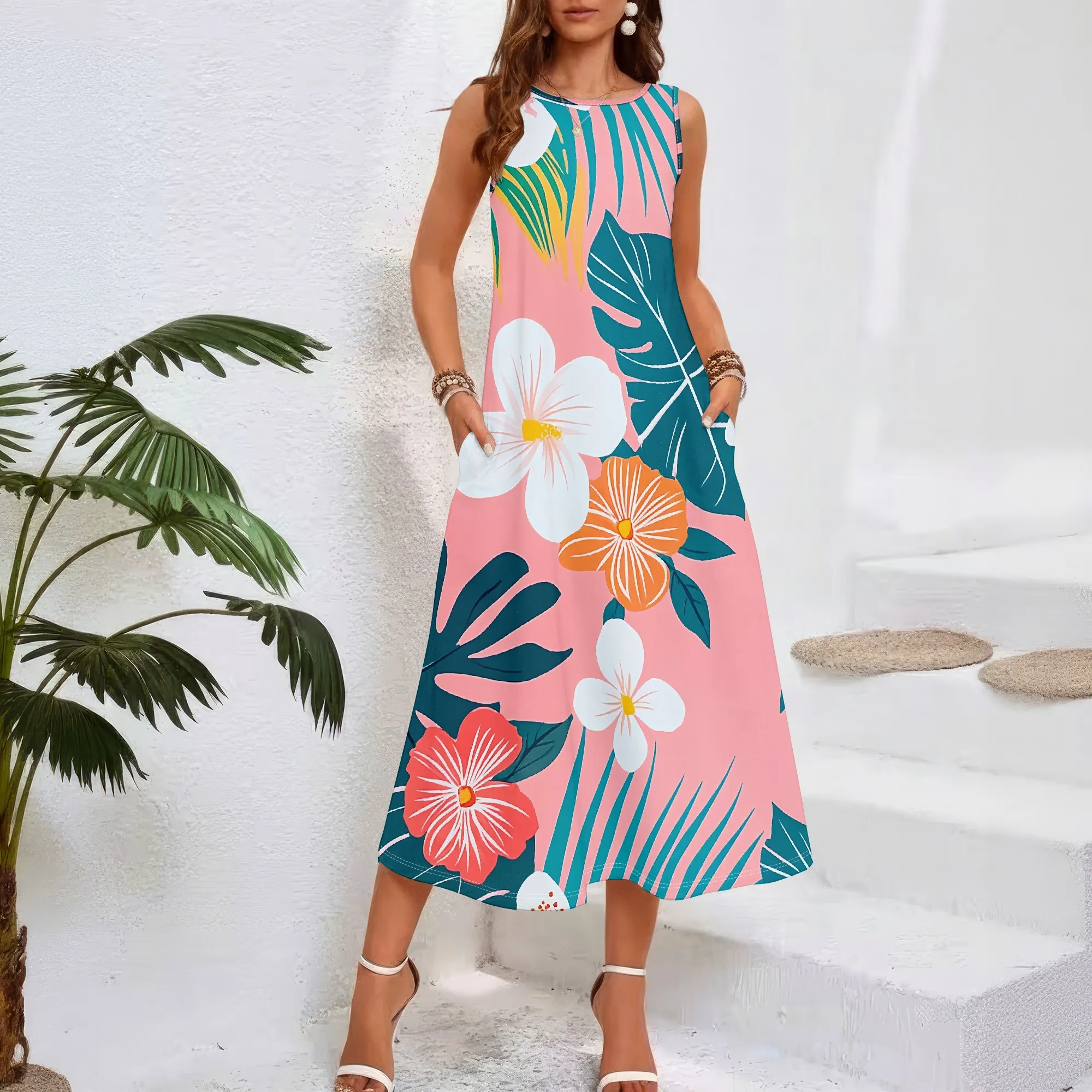 

Women casual loose round neck summer 3D geometric print black style sleeveless large swing dress (pocket)