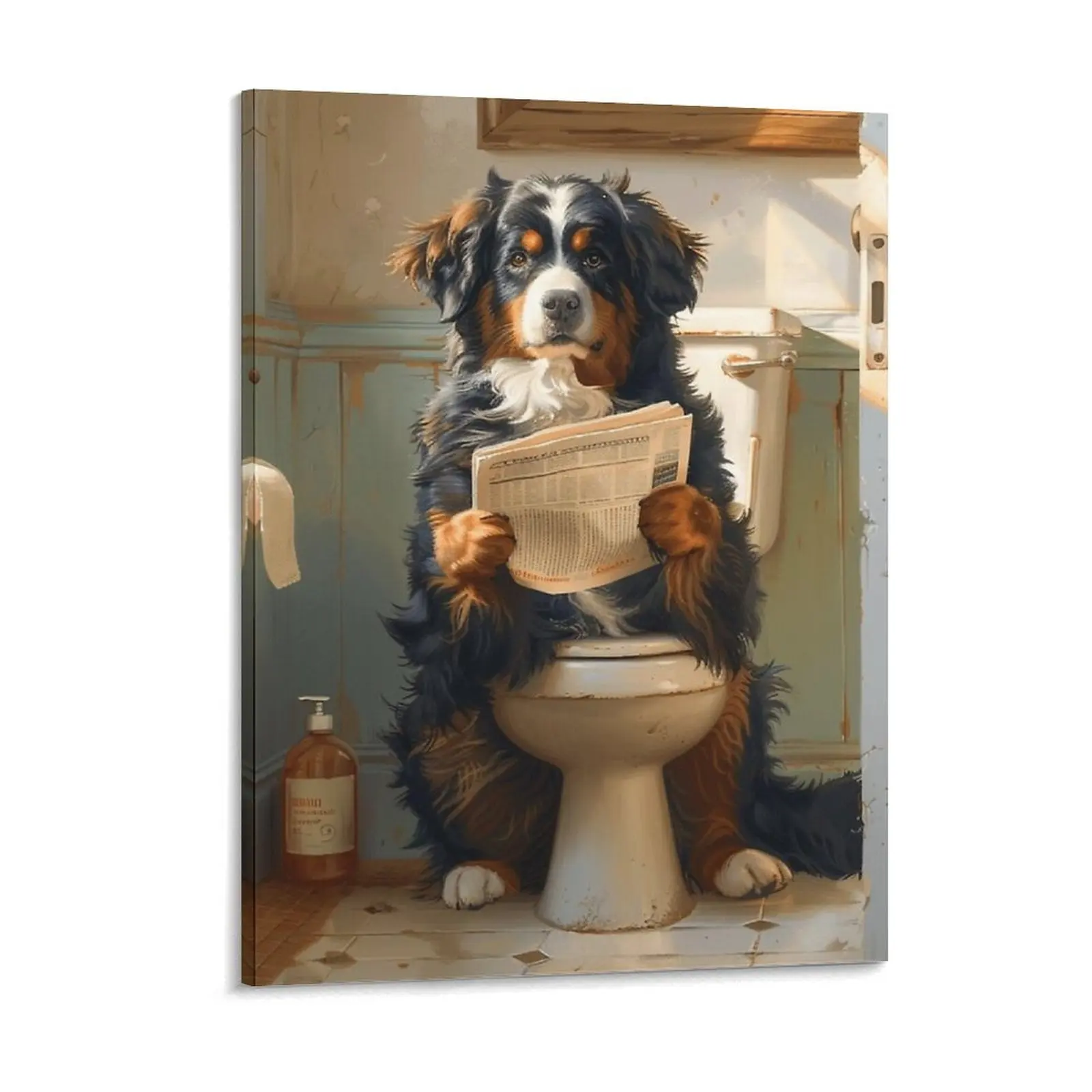 Bernese Mountain Dog On The Toilet And Reading The Newspaper Funny Dog Canvas Painting Cinema Mural Iron Framed Wall Painting