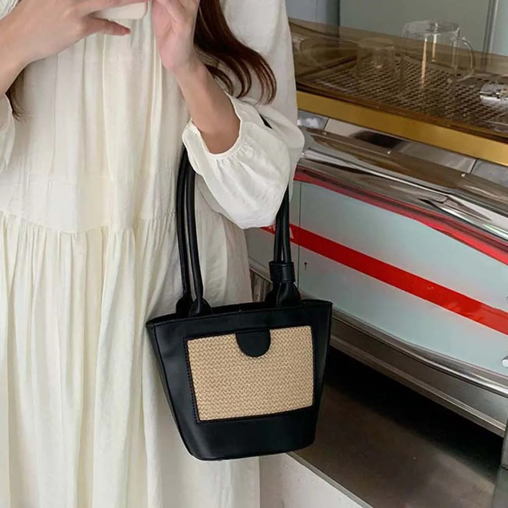 

Retro PU Woven Bucket Bag Anti-Splash Water Breathable Women Bucket Handbag Polyester Large Capacity Straw Shoulder Bag Summer