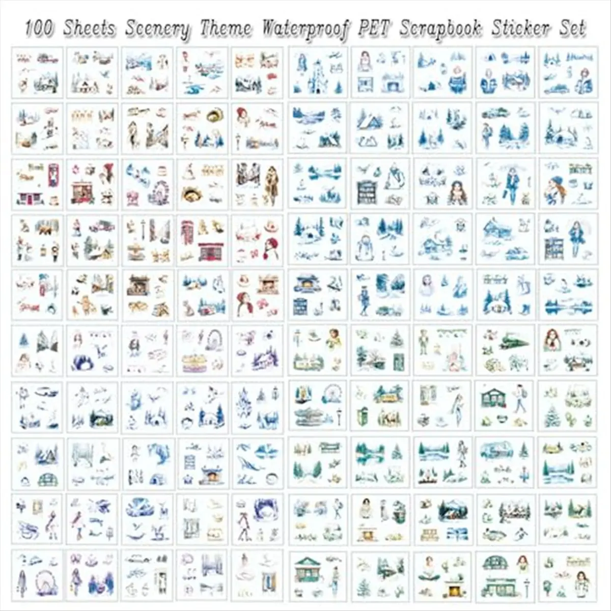 AA14 100 Sheet Winter Scrapbook Stickers for Scrapbooking Supplies, 100 Sheets Transparent PET Scenery Journal Stickers