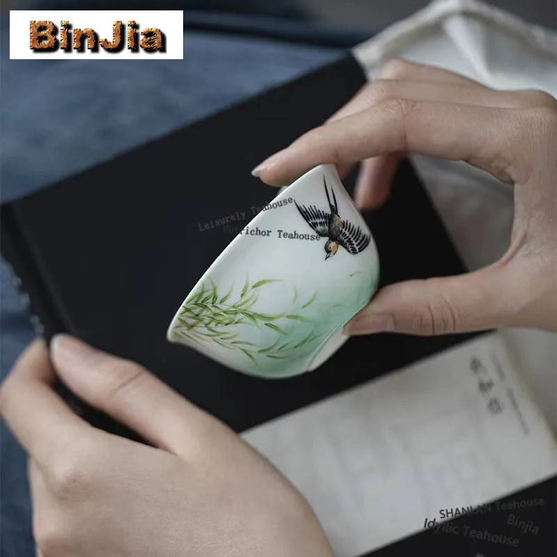 60ml Hand-painted Swallow Willow Ceramic Teacup Turquoise Green Glazed Master Cup Personal Tea Bowl Mug Kung Fu Tea Set Drinking