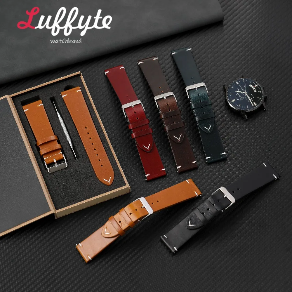Men Oil Wax Leather Watch Strap 18 19 20 21 22mm Quick Release Spring Bar Gift Box Fashion Comfortable Genuine Leather Wristband