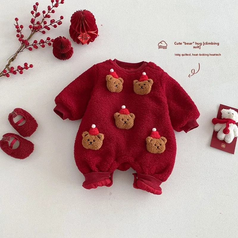 Baby Red New Year's Clothing 2025 New Winter Baby Christmas Teddy Bear Cotton Jumpsuit Newborn Clothes