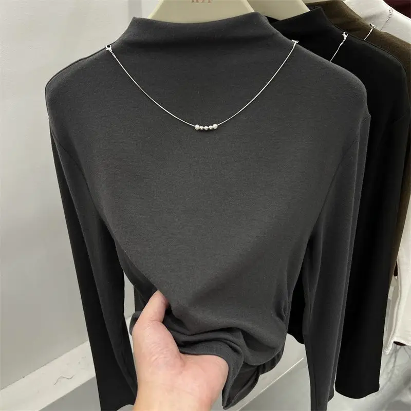 Plus Size Modal Long sleeves Shirt Women 2024 Autumn New Half-high Collar Necklace Slim fit Slimming Inner wear Bottoming Shi...