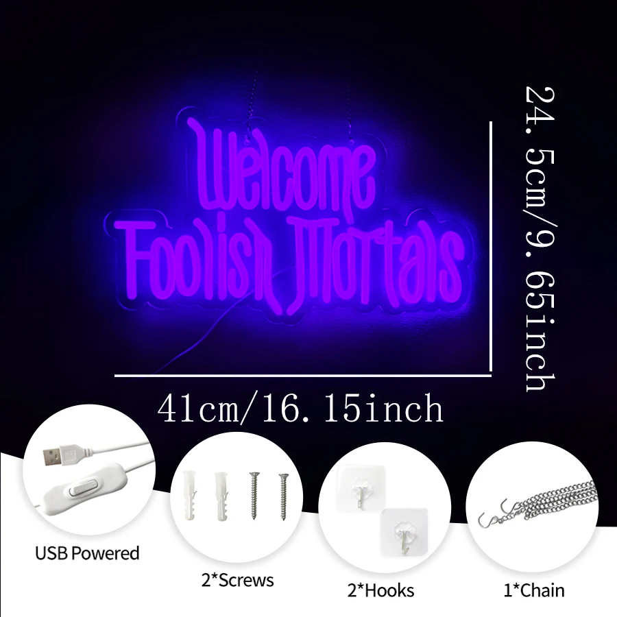 Welcome Foolish Mortals Neon Sign For Wall Decor,Light Up Sign For halloween party,Man Cave decor,Spooky Gothic Haunted Mansion