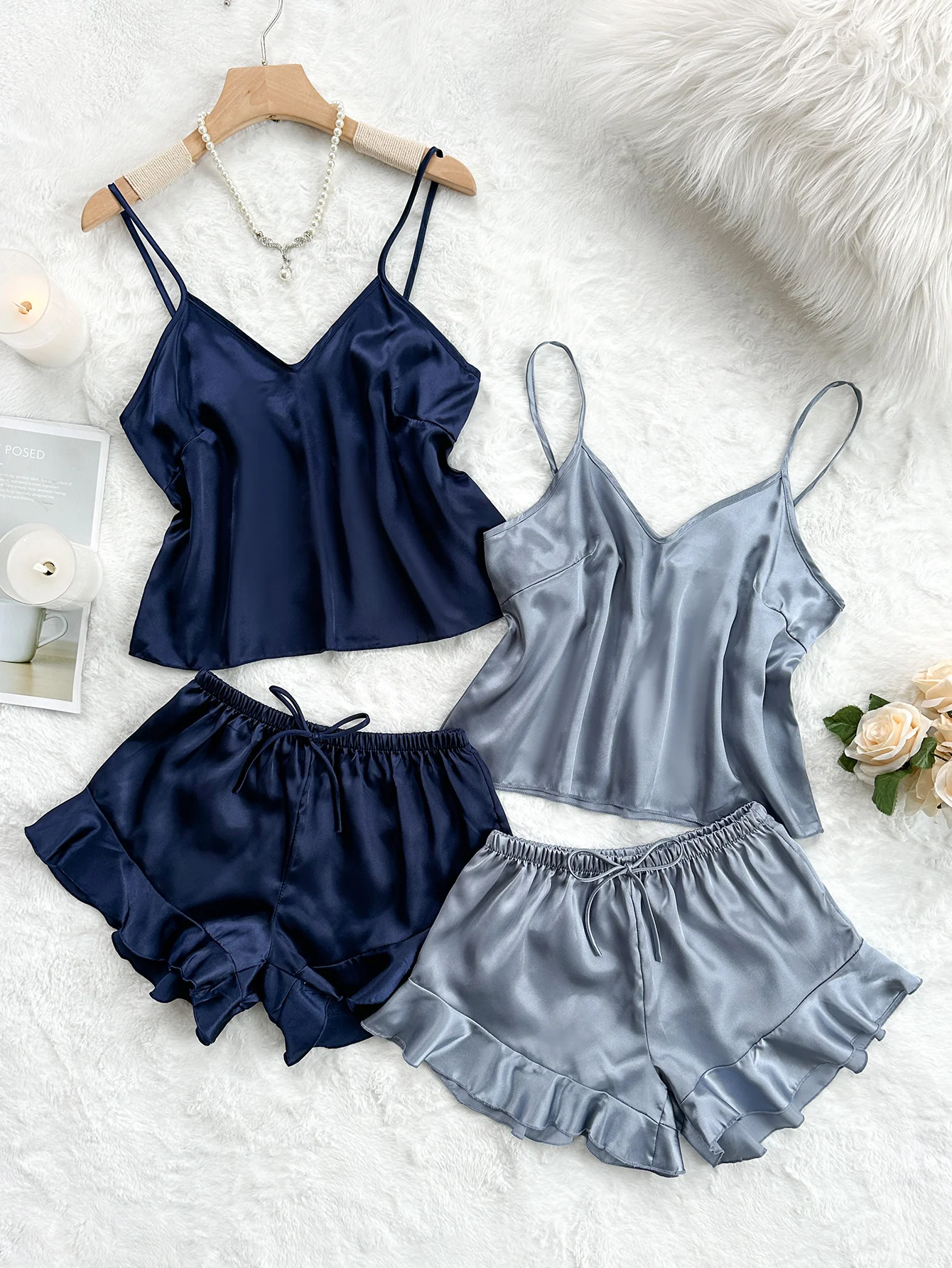 

Women's solid color simple sexy halter ruffled shorts comfortable casual pajamas set four sets