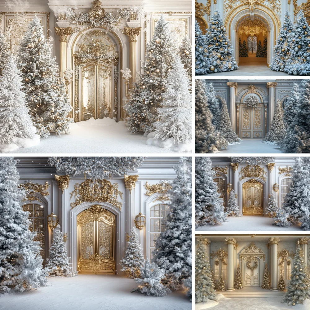 

Photography Background Christmas Front Door Gold Arch Door Christmas tree Kids Family Portrait Decor Backdrop Photo Studio