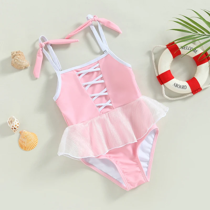 Yiiciovy 1-6 Years Toddler Kids Girls Princess Swimsuit Sweet Sleeveless Bandage Strap Tulle Swimwears Summer Beach Bodysuits