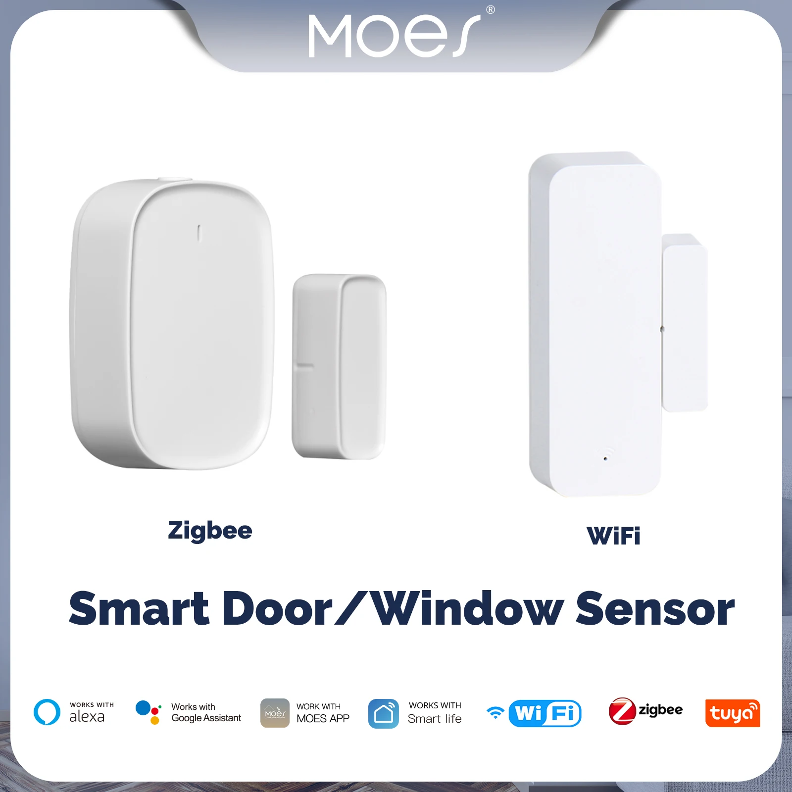 MOES-Sensor de porta inteligente Wi-Fi ZigBee, proteja sua casa com controle do aplicativo Tuya, detecção de janelas e portas, compatibilidade Smart Life