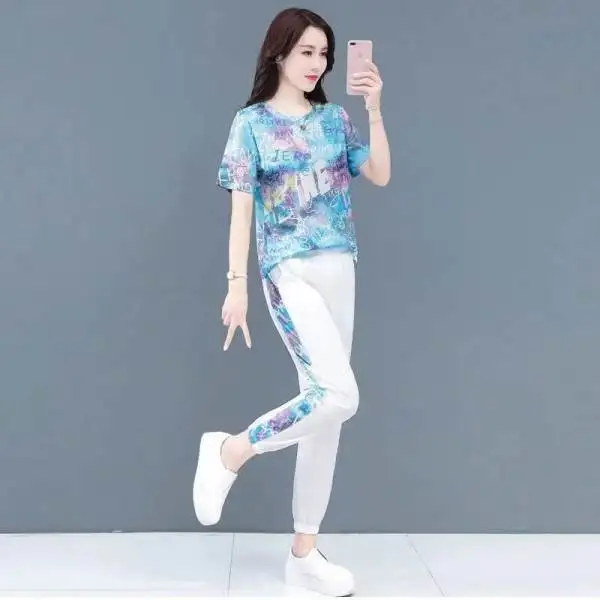 

Loose Casual Summer Two-Piece Set Korean Sle Print Sport ort Sve Suit Loose Fit Comfortable Wide Leg Pants