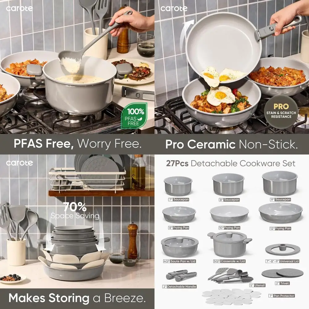 

Nonstick 27-Piece Ceramic Cookware Set with Detachable Handles, Oven and Dishwasher Safe, Ideal for RV and Camping, Dark Gray