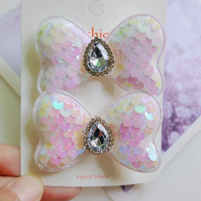 2PCS New Lovely Princess Sequin Diamond Bow Girls Hairpins Children Headwear Hairgrip Hair Clips Barrettes Hair Accessories