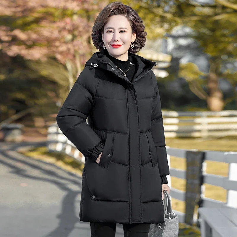 Winter Cotton padded Jacket Hooded solid color fleece thick Parkas Warm Loose Long Overcoat middle aged and Grandma Snow Coat